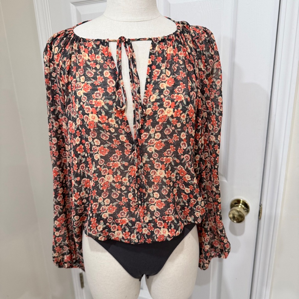 Free People Intimates Floral Chiffon Long Sleeve Bodice Bodysuit Small Black Red